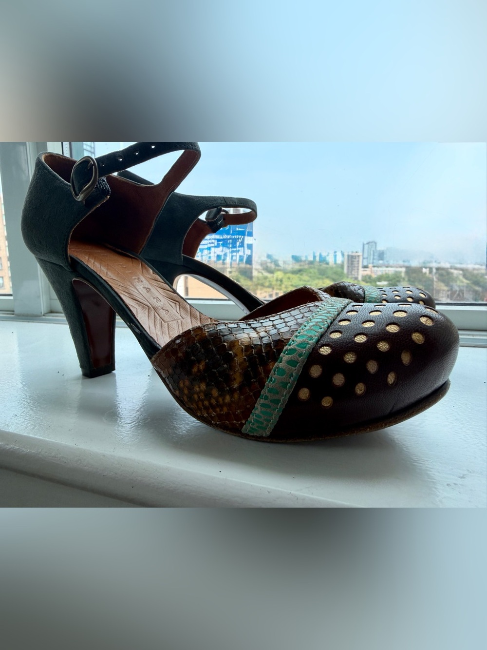 Chie Mihara Ankle Strap Platform Heels in Brown, Grey and Green - Picture 10 of 11